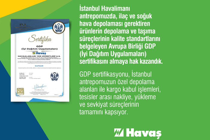 Havaş, ilaç taşımacılığında kalitesini belgeleyen Avrupa Birliği GDP sertifikasını aldı